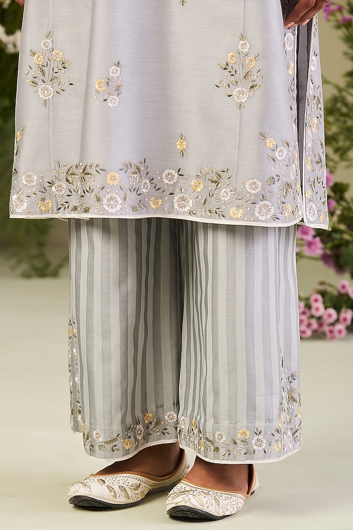 Ice Blue Handwoven Silk Chanderi Embroidered Kurta Set by Sue Mue at Pernia's Pop Up Shop