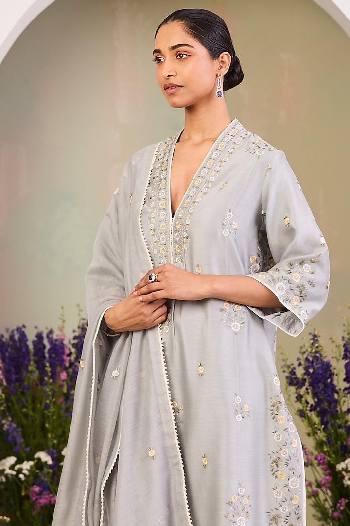 Ice Blue Handwoven Silk Chanderi Embroidered Kurta Set by Sue Mue at Pernia's Pop Up Shop