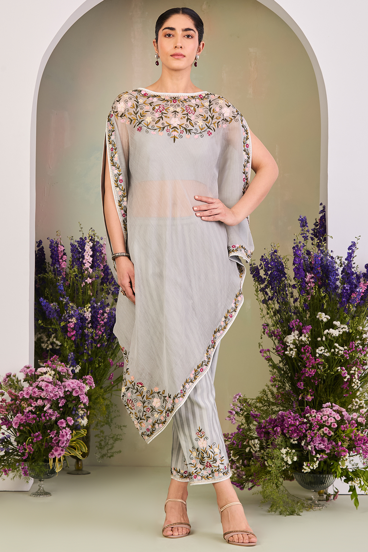 Ice Blue Handwoven Chanderi Mulmul Embroidered Kaftan Set by Sue Mue at Pernia's Pop Up Shop