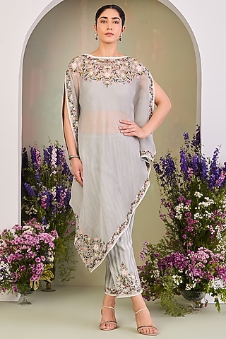 Ice Blue Handwoven Chanderi Mulmul Embroidered Kaftan Set by Sue Mue