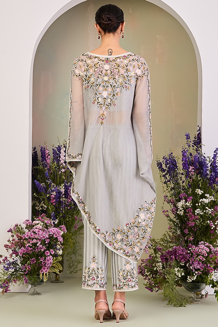 Ice Blue Handwoven Chanderi Mulmul Embroidered Kaftan Set by Sue Mue at Pernia's Pop Up Shop