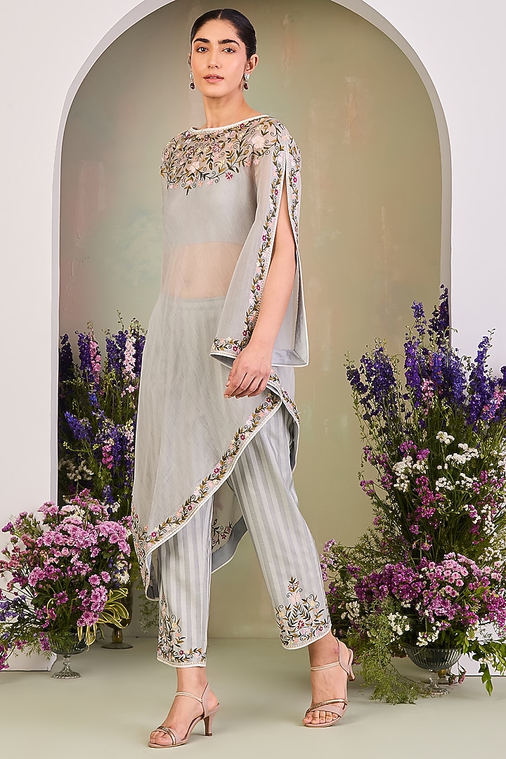 Ice Blue Handwoven Chanderi Mulmul Embroidered Kaftan Set by Sue Mue at Pernia's Pop Up Shop