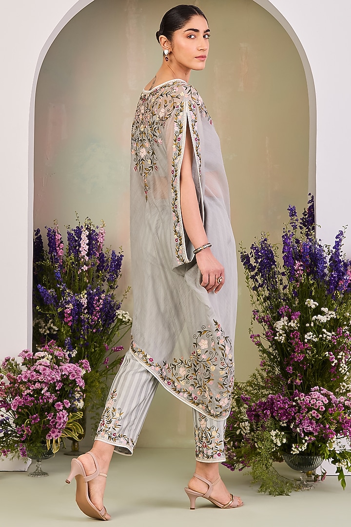 Ice Blue Handwoven Chanderi Mulmul Embroidered Kaftan Set by Sue Mue at Pernia's Pop Up Shop