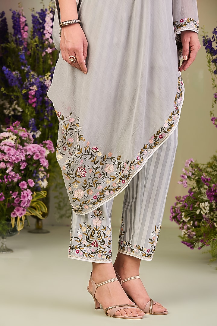 Ice Blue Handwoven Chanderi Mulmul Embroidered Kaftan Set by Sue Mue at Pernia's Pop Up Shop