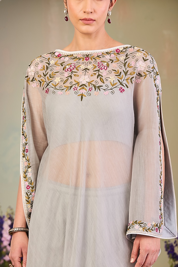 Ice Blue Handwoven Chanderi Mulmul Embroidered Kaftan Set by Sue Mue at Pernia's Pop Up Shop
