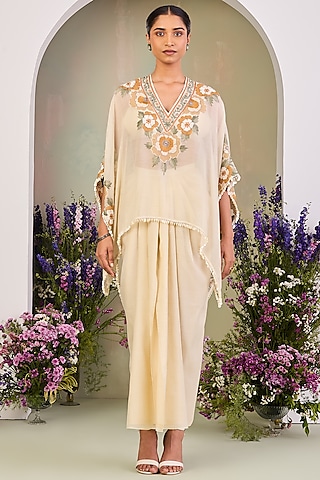Light Yellow Handwoven Chanderi Mulmul Embroidered Kaftan Set by Sue Mue