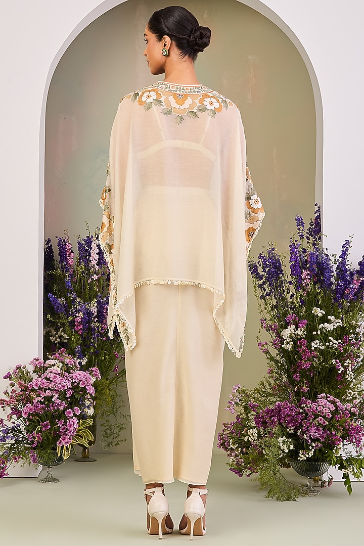 Light Yellow Handwoven Chanderi Mulmul Embroidered Kaftan Set by Sue Mue at Pernia's Pop Up Shop