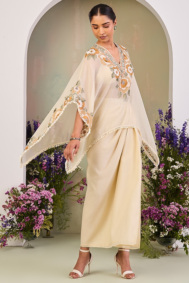 Light Yellow Handwoven Chanderi Mulmul Embroidered Kaftan Set by Sue Mue at Pernia's Pop Up Shop
