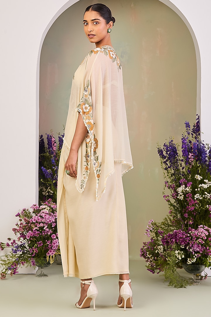 Light Yellow Handwoven Chanderi Mulmul Embroidered Kaftan Set by Sue Mue at Pernia's Pop Up Shop