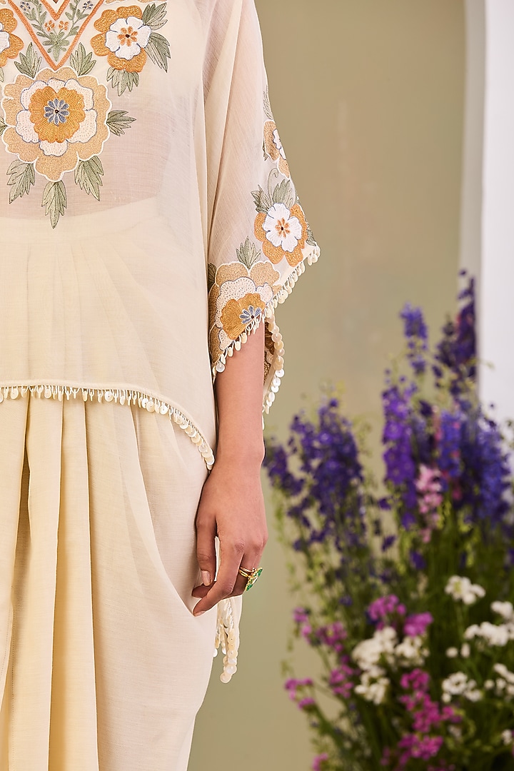 Light Yellow Handwoven Chanderi Mulmul Embroidered Kaftan Set by Sue Mue at Pernia's Pop Up Shop