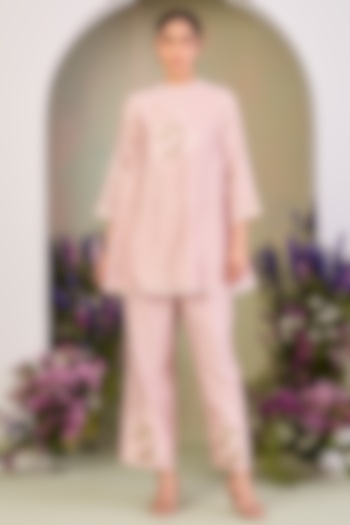 Pastel Pink Handwoven Silk Chanderi Embroidered A-line Tunic Set by Sue Mue at Pernia's Pop Up Shop