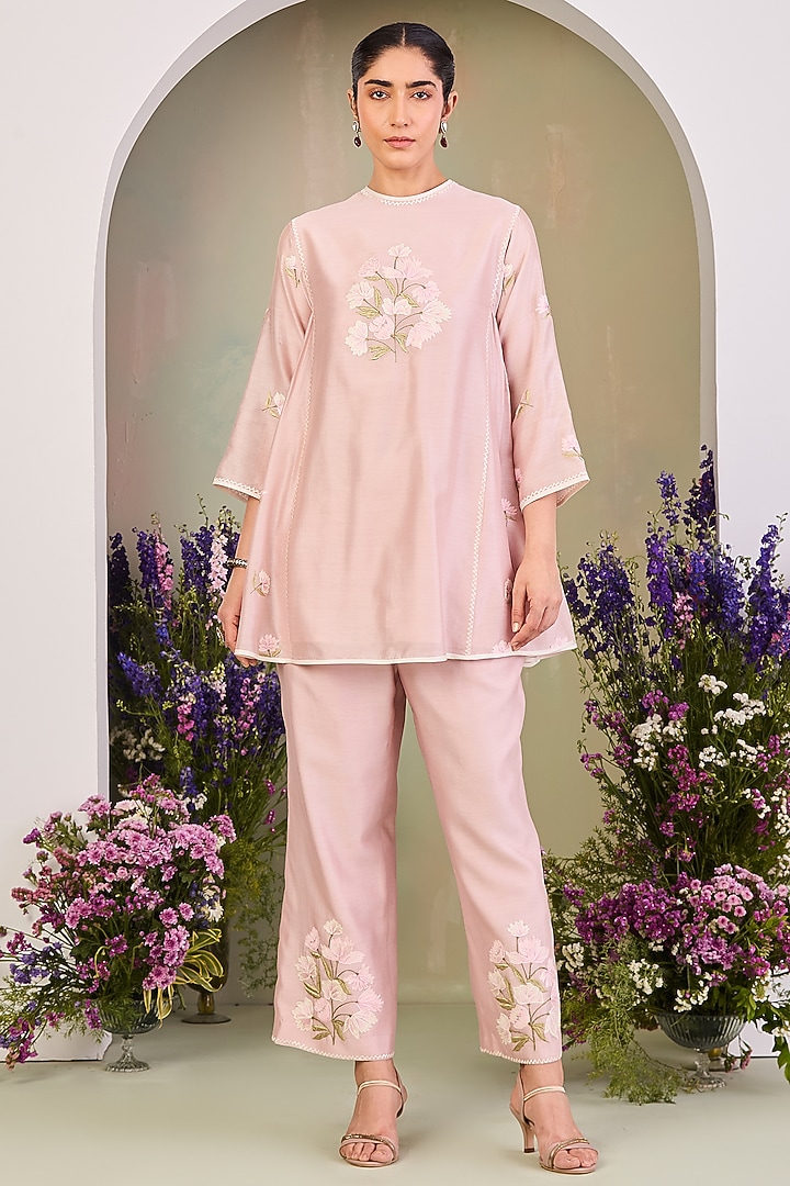 Pastel Pink Handwoven Silk Chanderi Embroidered A-line Tunic Set by Sue Mue at Pernia's Pop Up Shop