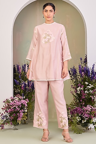Pastel Pink Handwoven Silk Chanderi Embroidered A-line Tunic Set by Sue Mue