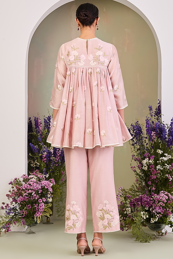 Pastel Pink Handwoven Silk Chanderi Embroidered A-line Tunic Set by Sue Mue at Pernia's Pop Up Shop