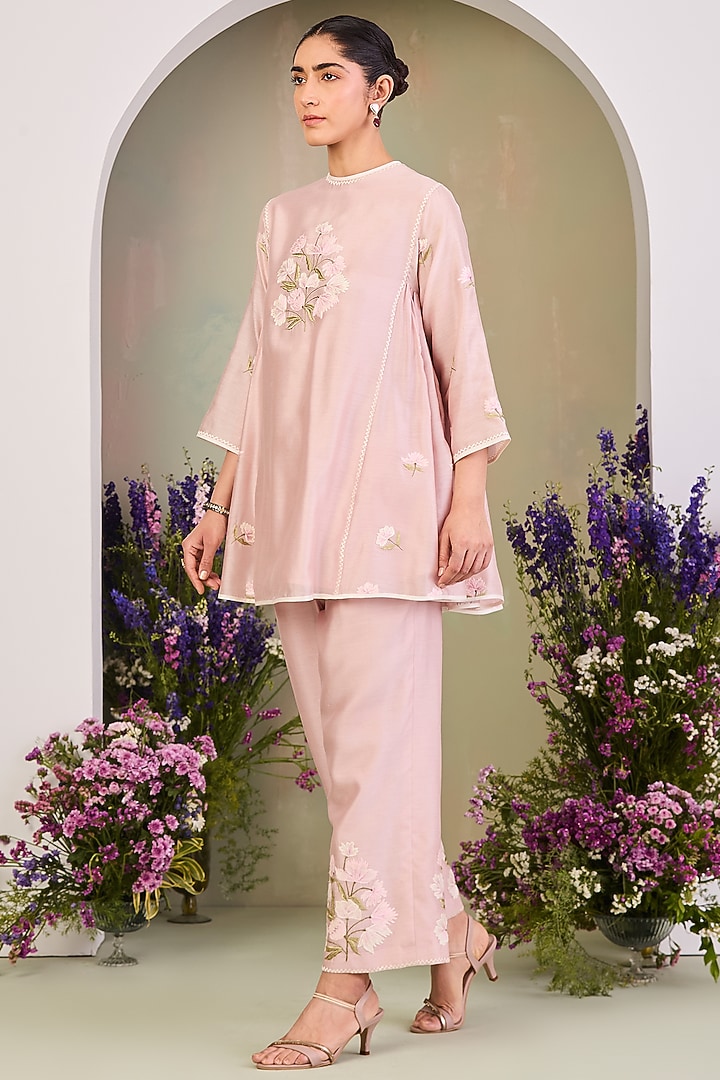 Pastel Pink Handwoven Silk Chanderi Embroidered A-line Tunic Set by Sue Mue at Pernia's Pop Up Shop