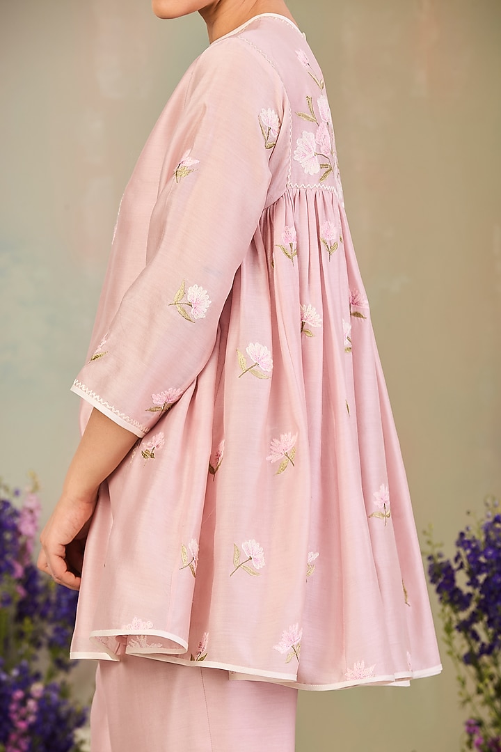 Pastel Pink Handwoven Silk Chanderi Embroidered A-line Tunic Set by Sue Mue at Pernia's Pop Up Shop