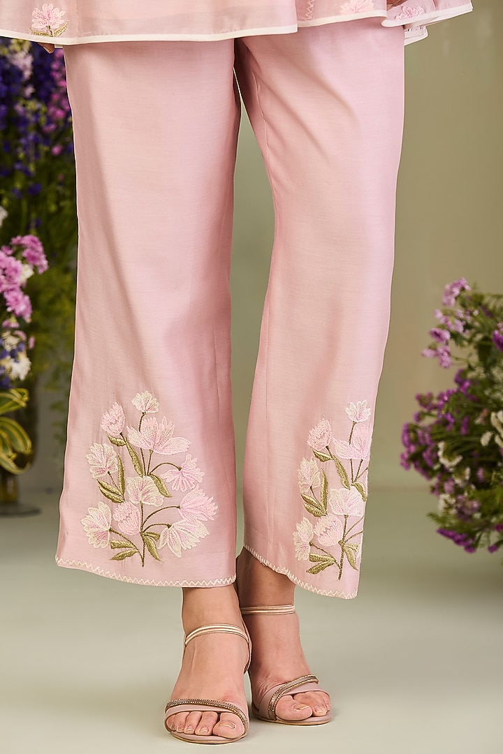 Pastel Pink Handwoven Silk Chanderi Embroidered A-line Tunic Set by Sue Mue at Pernia's Pop Up Shop