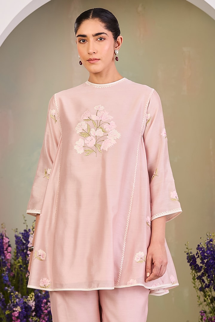 Pastel Pink Handwoven Silk Chanderi Embroidered A-line Tunic Set by Sue Mue at Pernia's Pop Up Shop