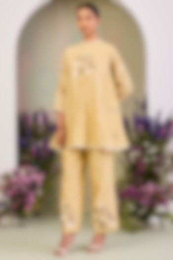 Light Yellow Handwoven Silk Chanderi Embroidered A-line Tunic Set by Sue Mue at Pernia's Pop Up Shop