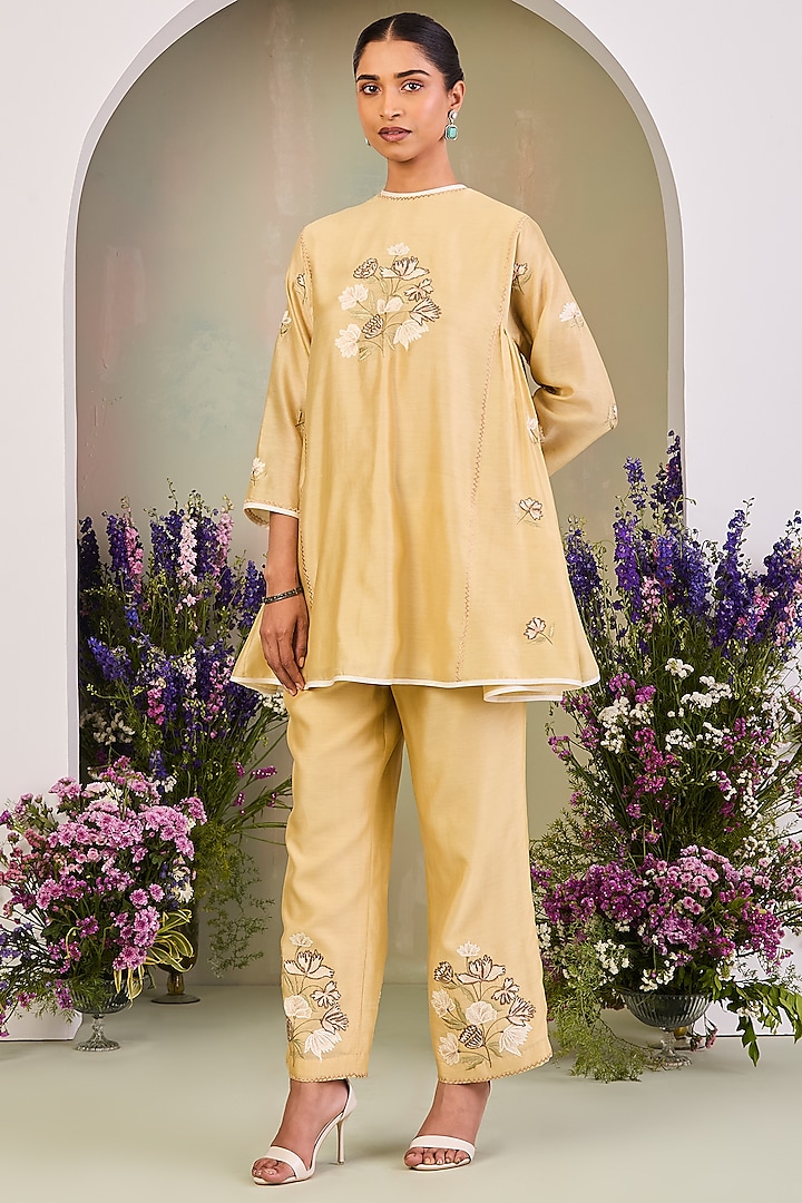 Light Yellow Handwoven Silk Chanderi Embroidered A-line Tunic Set by Sue Mue at Pernia's Pop Up Shop
