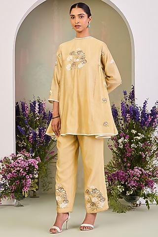 Light Yellow Handwoven Silk Chanderi Embroidered A-line Tunic Set by Sue Mue