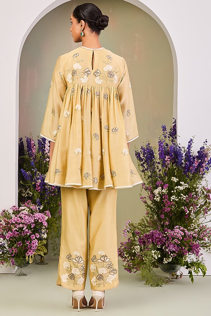 Light Yellow Handwoven Silk Chanderi Embroidered A-line Tunic Set by Sue Mue at Pernia's Pop Up Shop