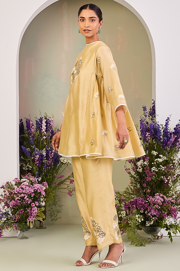 Light Yellow Handwoven Silk Chanderi Embroidered A-line Tunic Set by Sue Mue at Pernia's Pop Up Shop