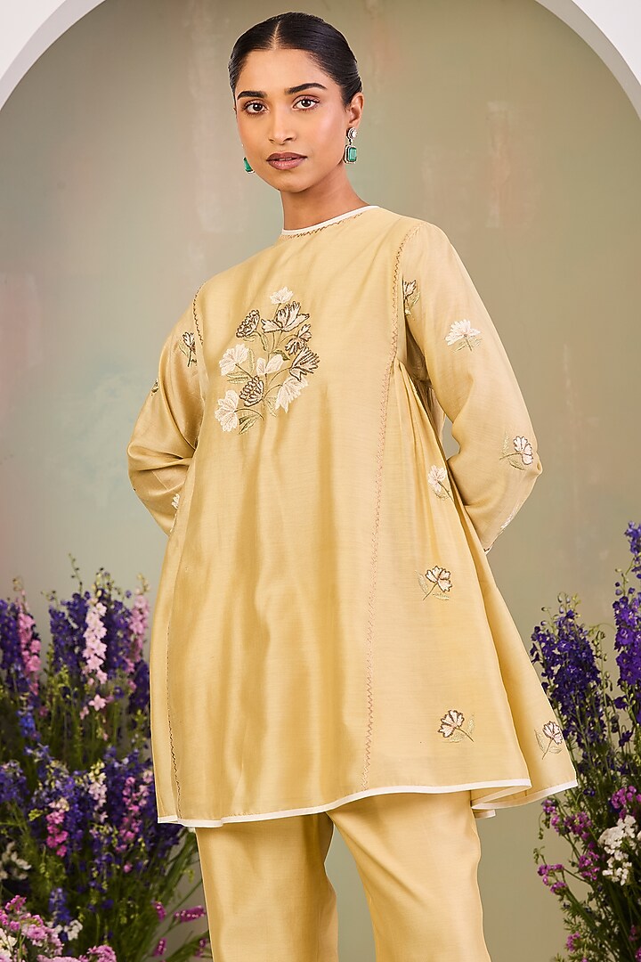 Light Yellow Handwoven Silk Chanderi Embroidered A-line Tunic Set by Sue Mue at Pernia's Pop Up Shop