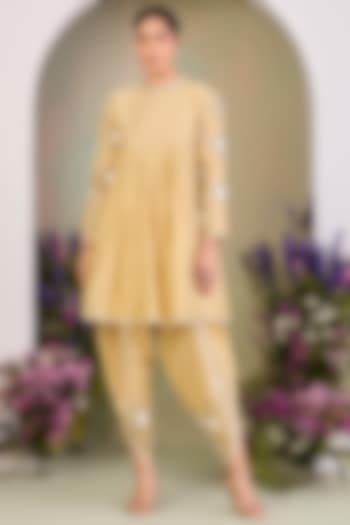 Light Yellow Handwoven Silk Chanderi Embroidered A-line Tunic Set by Sue Mue at Pernia's Pop Up Shop