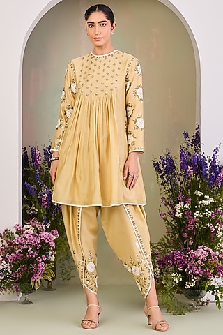 Light Yellow Handwoven Silk Chanderi Embroidered A-line Tunic Set by Sue Mue