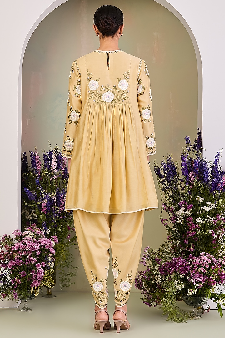 Light Yellow Handwoven Silk Chanderi Embroidered A-line Tunic Set by Sue Mue at Pernia's Pop Up Shop