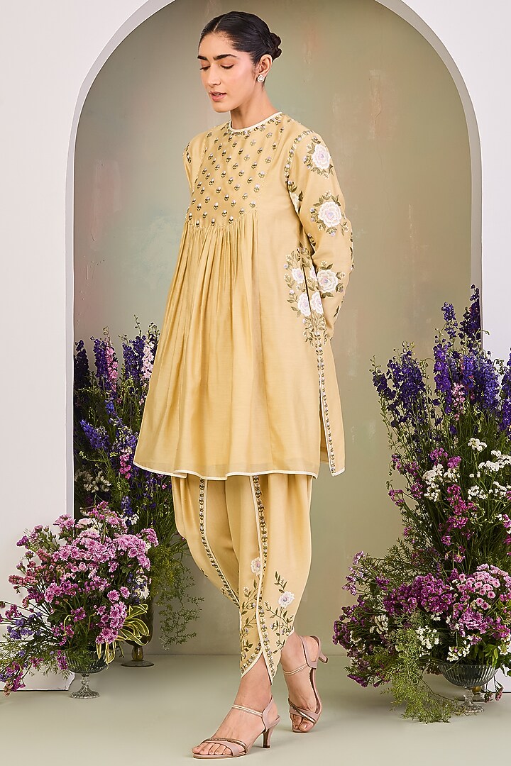 Light Yellow Handwoven Silk Chanderi Embroidered A-line Tunic Set by Sue Mue at Pernia's Pop Up Shop