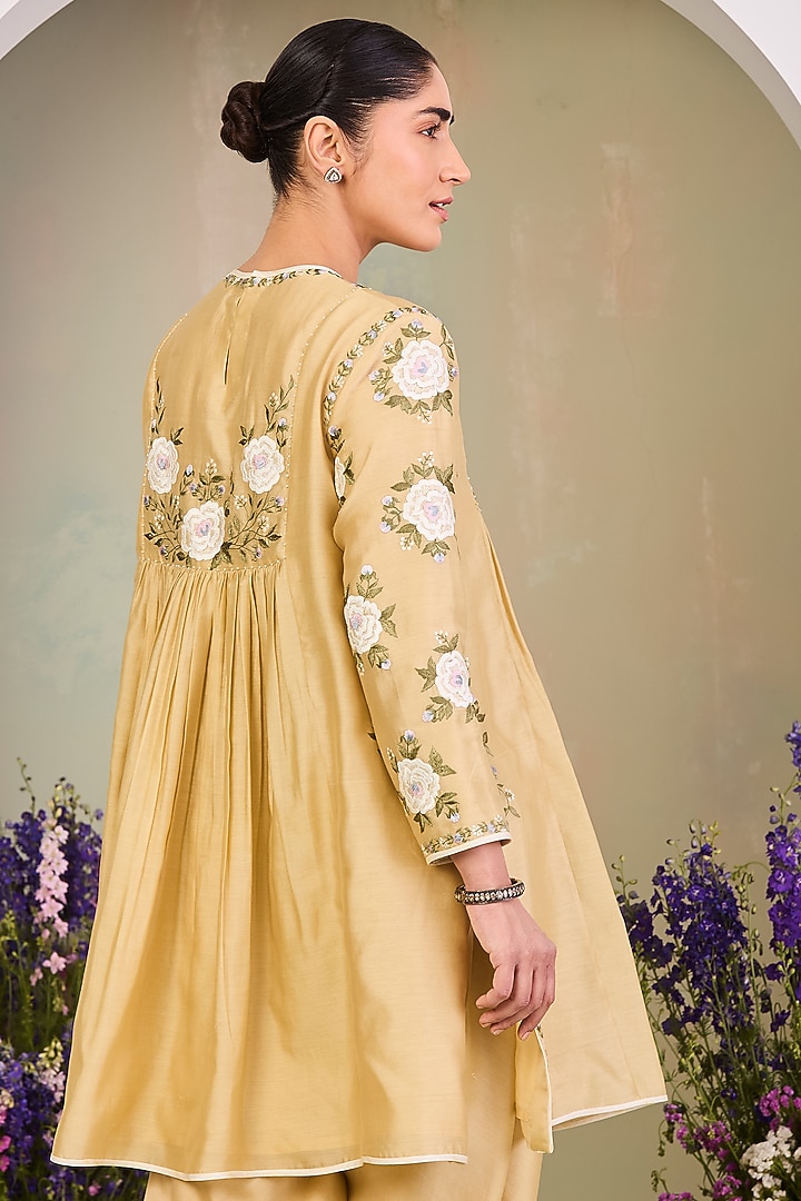 Light Yellow Handwoven Silk Chanderi Embroidered A-line Tunic Set by Sue Mue at Pernia's Pop Up Shop