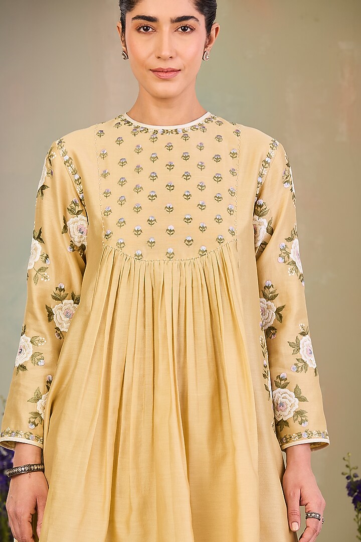 Light Yellow Handwoven Silk Chanderi Embroidered A-line Tunic Set by Sue Mue at Pernia's Pop Up Shop