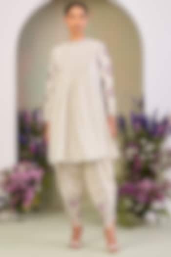 Greenish White Handwoven Silk Chanderi Embroidered A-line Tunic Set by Sue Mue at Pernia's Pop Up Shop