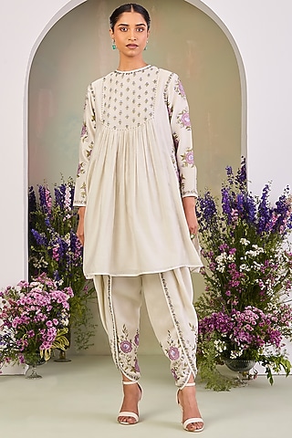 Greenish White Handwoven Silk Chanderi Embroidered A-line Tunic Set by Sue Mue