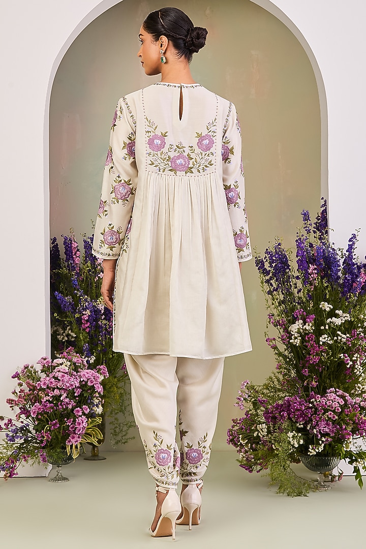Greenish White Handwoven Silk Chanderi Embroidered A-line Tunic Set by Sue Mue at Pernia's Pop Up Shop