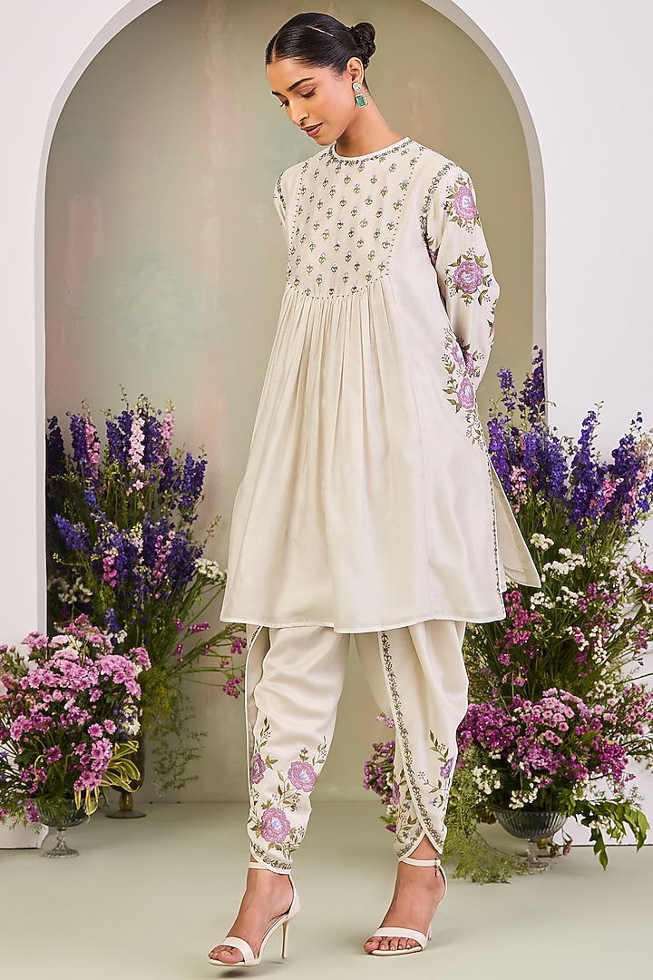 Greenish White Handwoven Silk Chanderi Embroidered A-line Tunic Set by Sue Mue at Pernia's Pop Up Shop