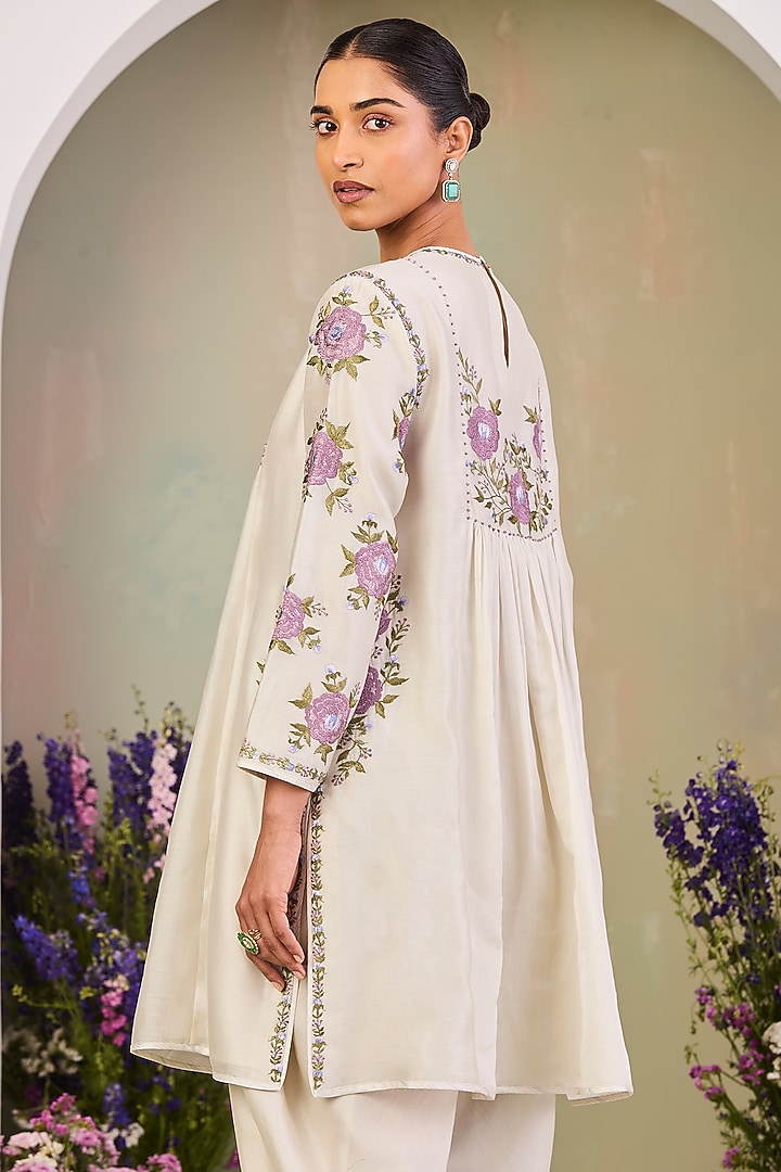 Greenish White Handwoven Silk Chanderi Embroidered A-line Tunic Set by Sue Mue at Pernia's Pop Up Shop