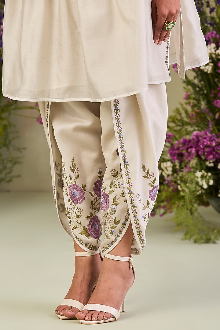 Greenish White Handwoven Silk Chanderi Embroidered A-line Tunic Set by Sue Mue at Pernia's Pop Up Shop