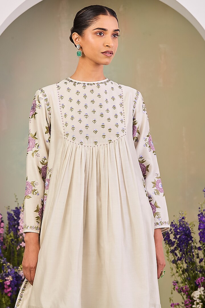 Greenish White Handwoven Silk Chanderi Embroidered A-line Tunic Set by Sue Mue at Pernia's Pop Up Shop