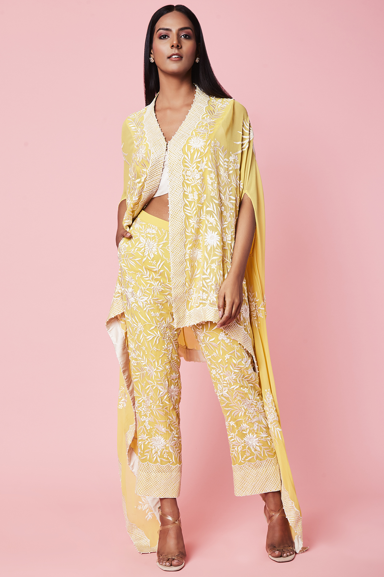 Yellow Embroidered Cape Set by Sue Mue at Pernia's Pop Up Shop