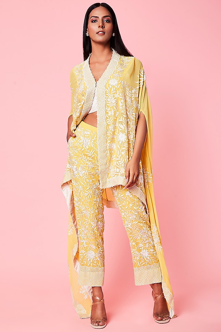Yellow Embroidered Cape Set by Sue Mue at Pernia's Pop Up Shop