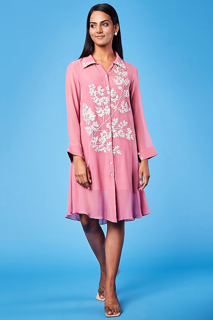 Pink Embroidered Shirt Dress by Sue Mue