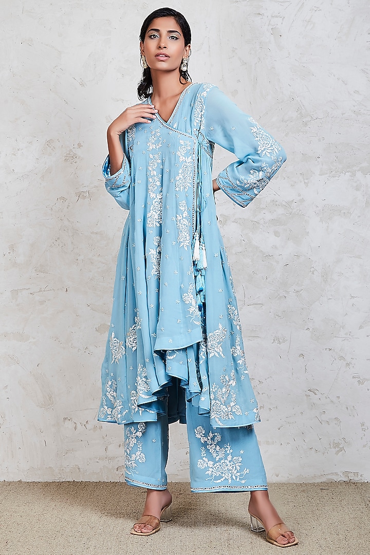 Blue Parsi Gara Embroidered Anarkali Set by Sue Mue