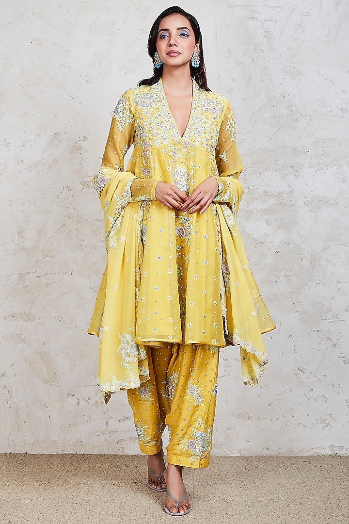 Yellow Parsi Gara Embroidered Short Anarkali Set by Sue Mue