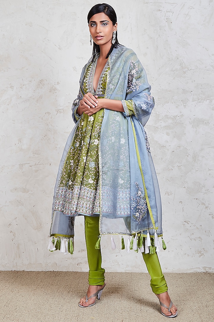 Green Parsi Motifs Embroidered Anarkali Set by Sue Mue