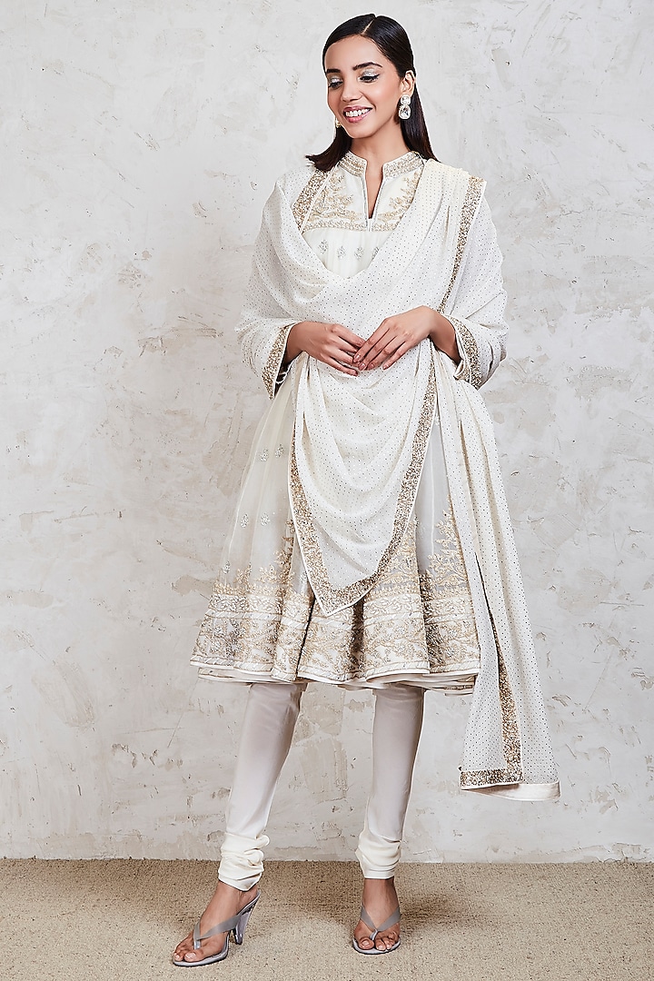 Off-White Parsi Gara Embroidered Anarkali Set by Sue Mue