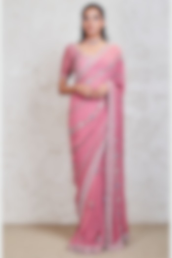 Pink Parsi Gara Embroidered Saree Set by Sue Mue