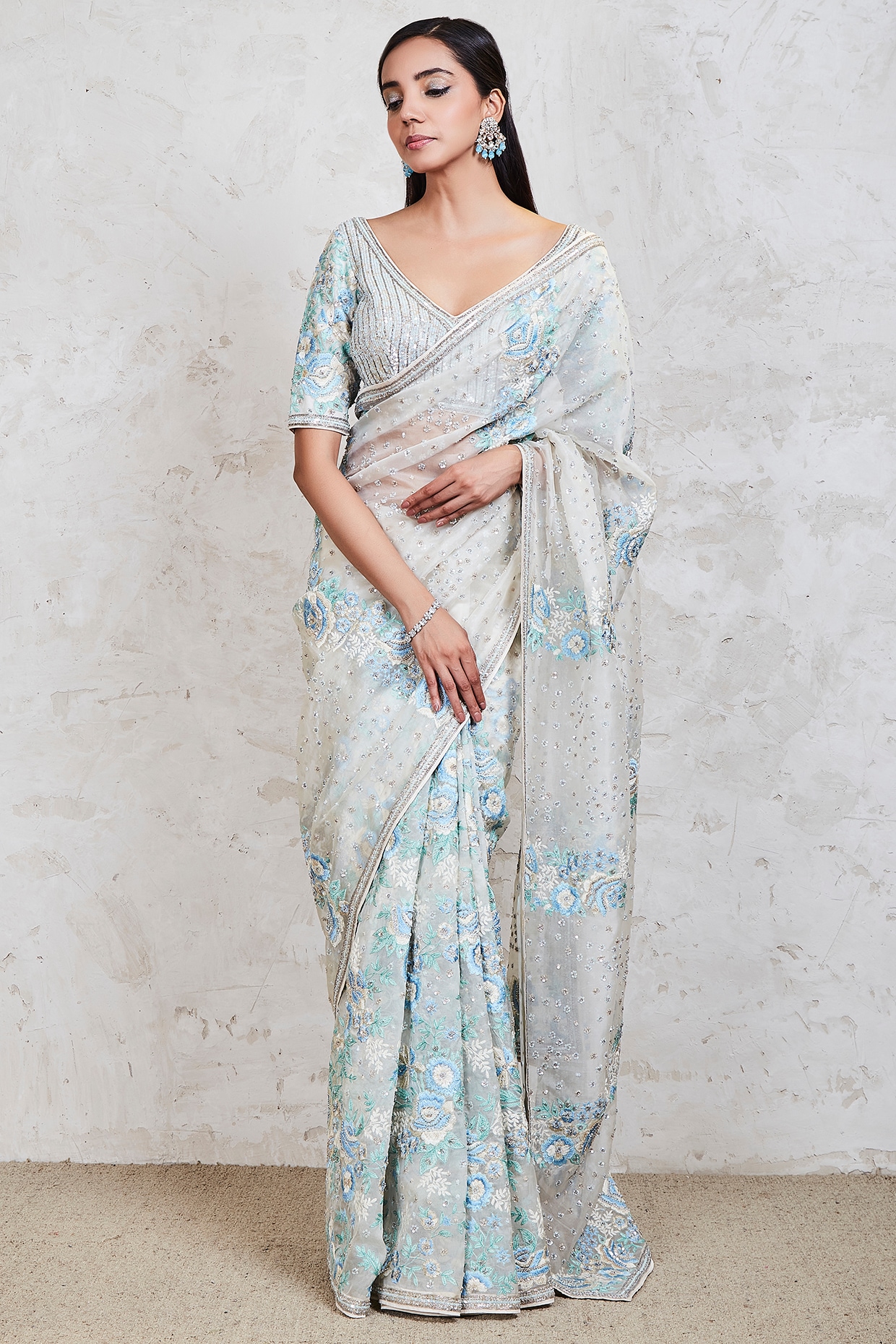 turquoise satin silk parsi work saree – Reshmi Pitara